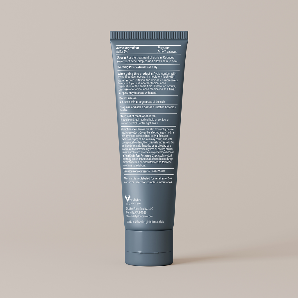 Back label Face Reality sulfur spot treatment tube on a beige background