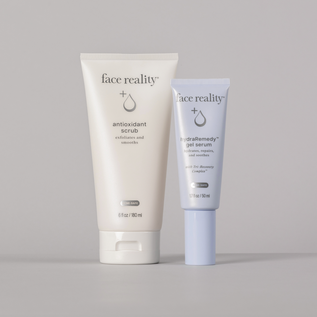Men's Favorite Duo includes Face Reality's Antioxidant Scrub and hydraRemedy™ Gel Serum against a light background
