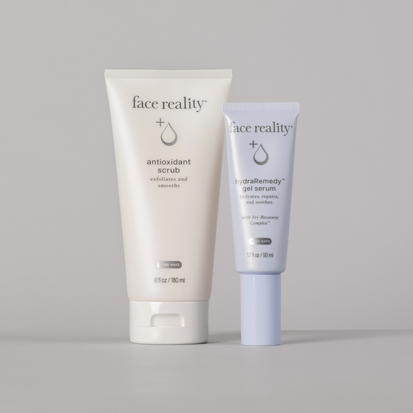 Men's Favorite Duo includes Face Reality's Antioxidant Scrub and hydraRemedy™ Gel Serum against a light background