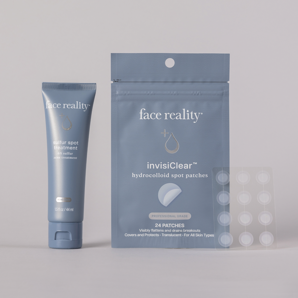 Face Reality Breakout Response Kit includes Sulfur Spot Treatment and
invisiClear™ Hydrocolloid Spot Patches against a light gray background