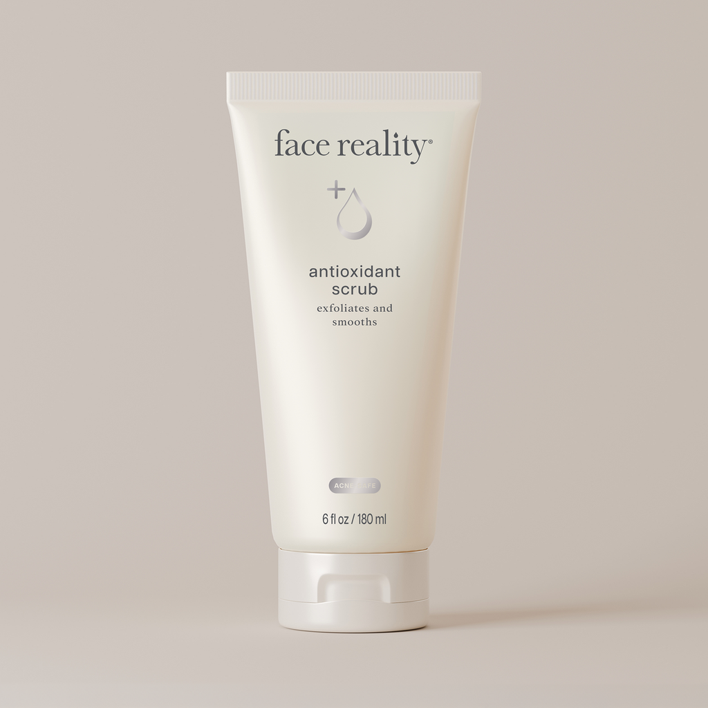 Tube of face reality antioxidant scrub on a light background