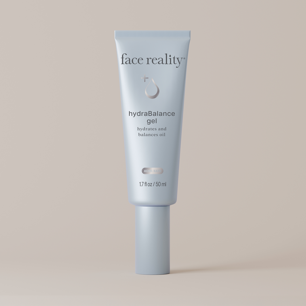 Tube of Face Reality hydraBalance gel on a light beige background