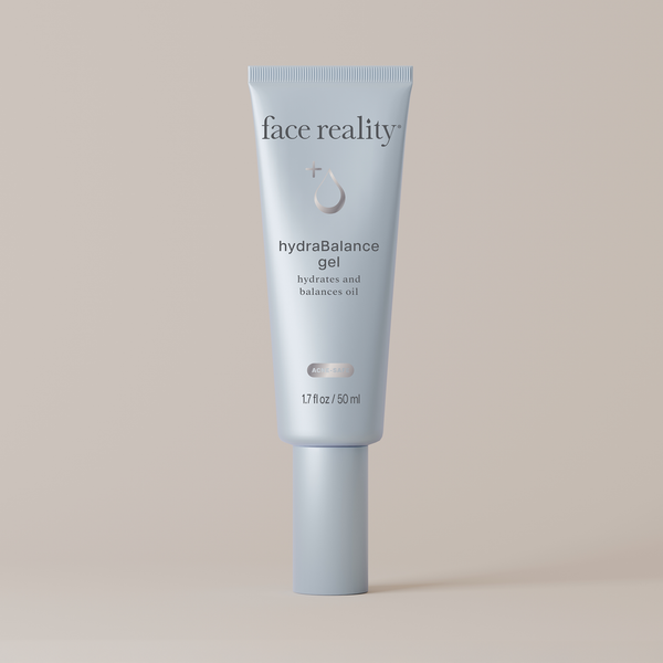 Tube of Face Reality hydraBalance gel on a light beige background