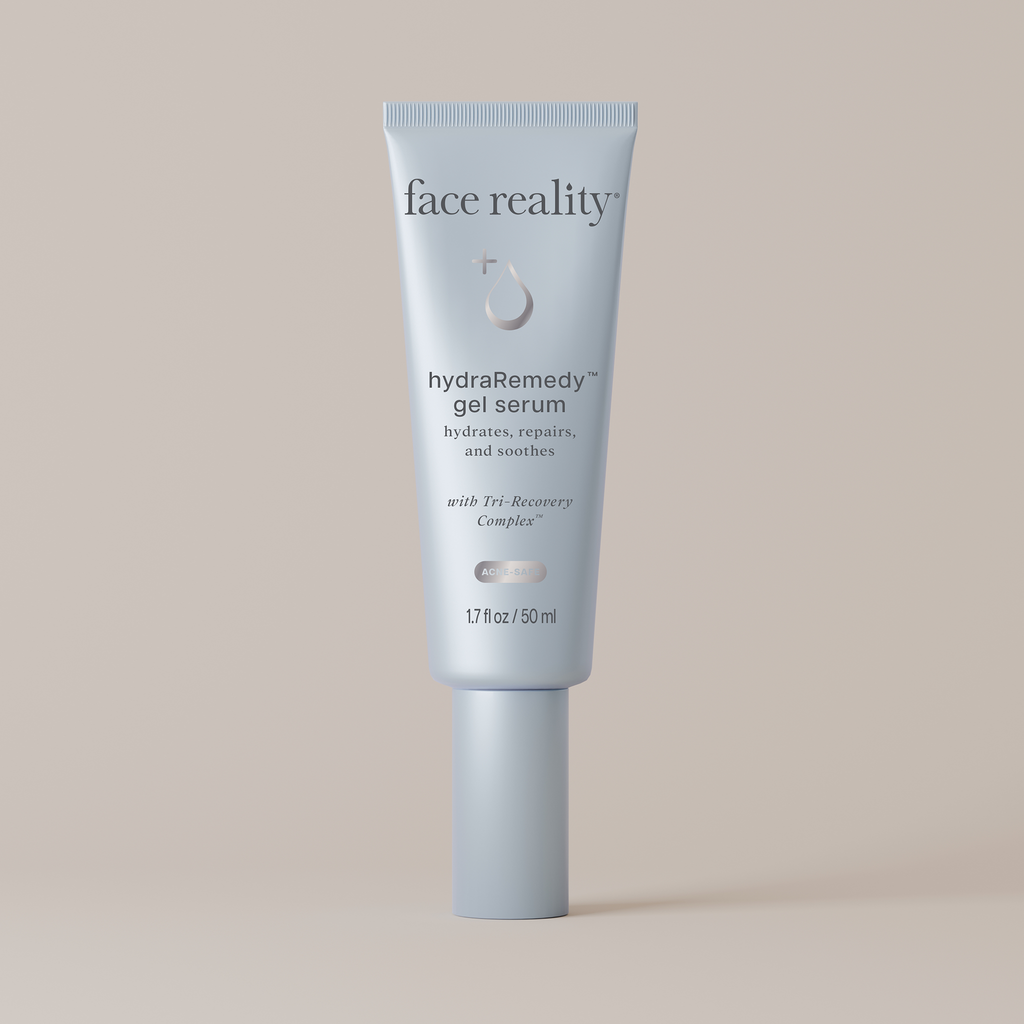 Tube of face reality hydraRemedy gel serum on a beige background