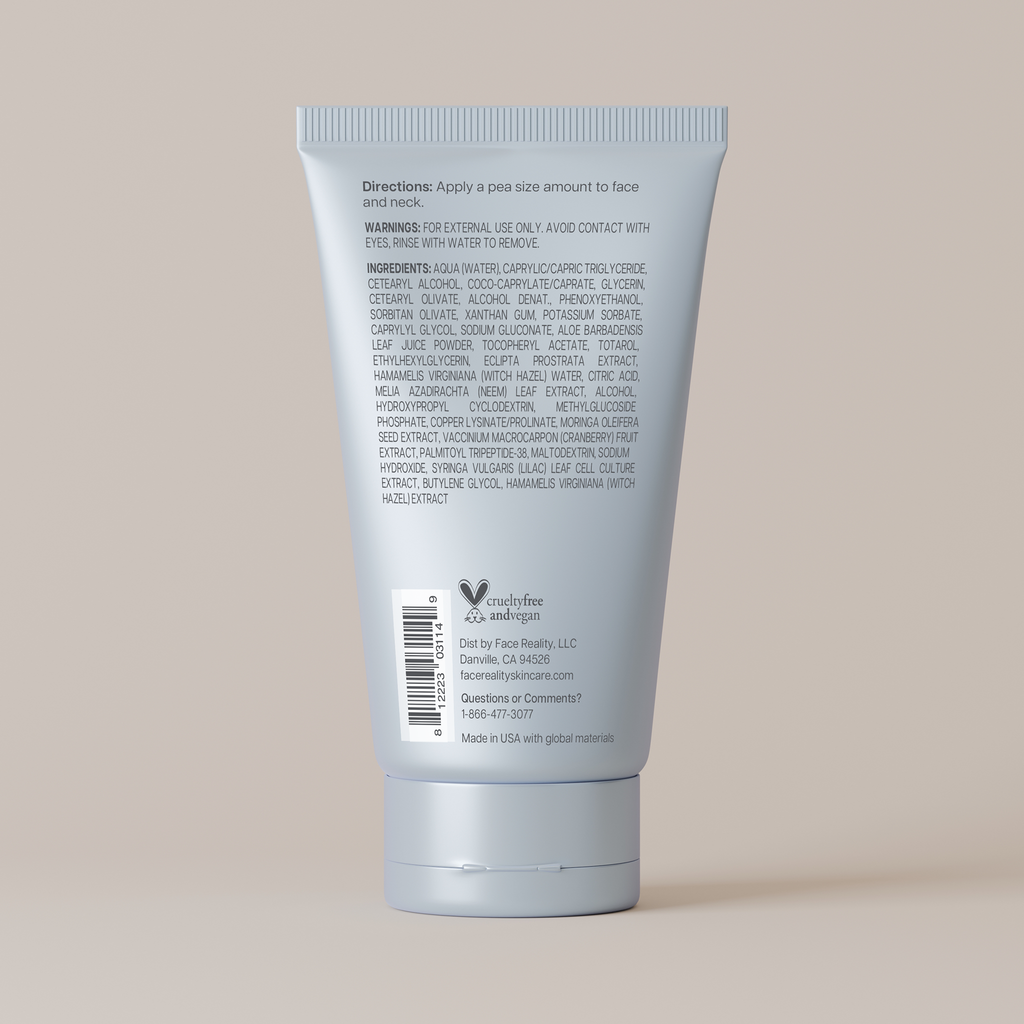 Back label of Face Reality cran-peptide cream on a beige background