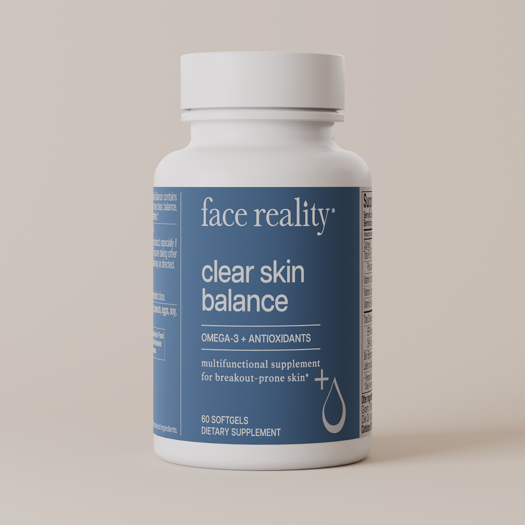 Face Reality clear skin balance bottle against light beige background