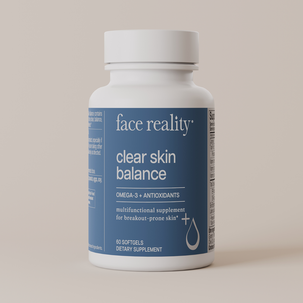 Face Reality clear skin balance bottle against light beige background