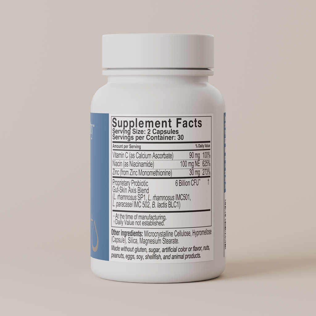 Back label with supplement facts for Face Reality's Clear Skin Restore product bottle against light beige background