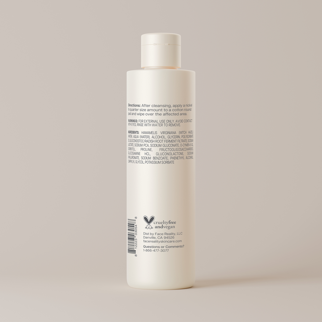 Back label of Face Reality moisture balance toner bottle against light beige background.