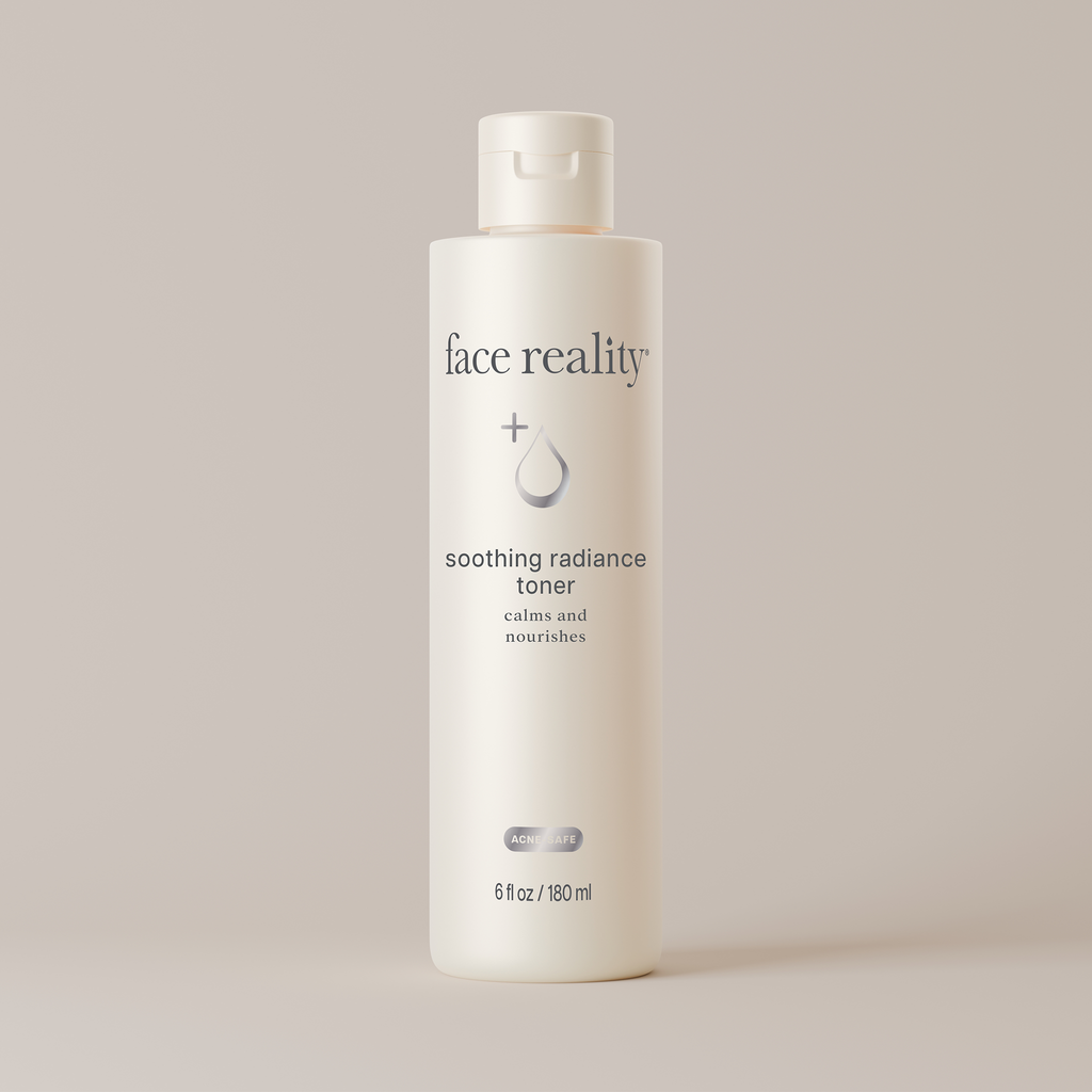 White Bottle of Face Reality Soothing Radiance Toner against light beige background.