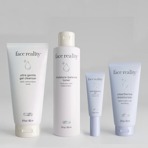 Face Reality Products; ultra gentle gel cleanser, moisture balance toner, hydraBalance gel, and clearDerma moisturizer side by side from left to right on a light grey background.