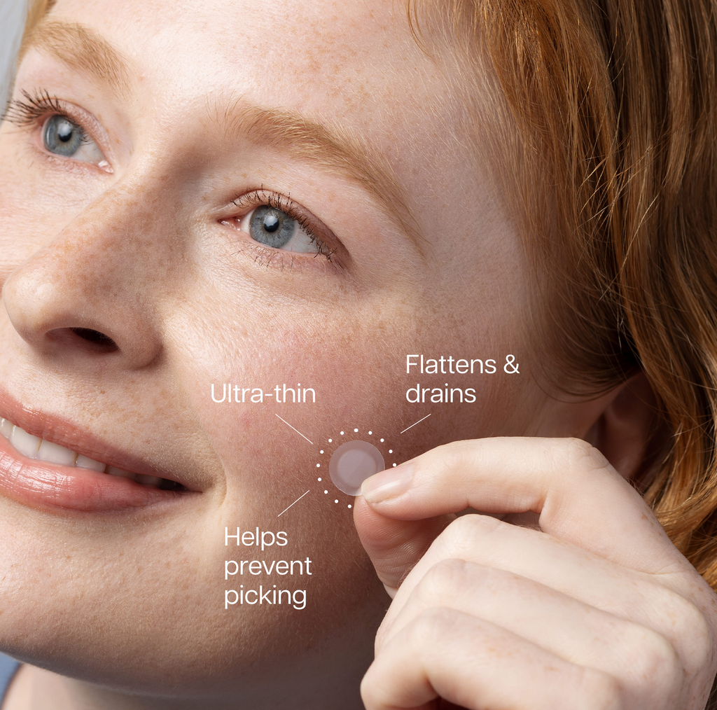 Person applying Face Reality invisiClear hydrocolloid spot patch with benefits text, reading: ultra-thin, Flattens and drains, and helps prevent picking.