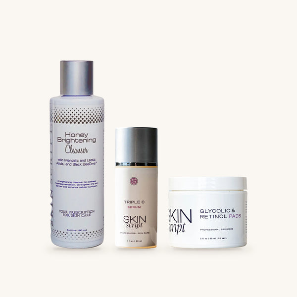 Skin Script Bright & Smooth Set: Honey Brightening Cleanser, Triple C Serum, Glycolic and Retinol Pads