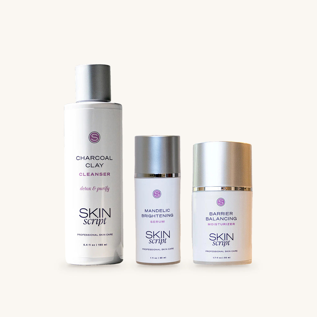 Skin Script Clear Skin Set: Charcoal Clay Cleanser, Mandelic Brightening Serum, Barrier Balancing Moisturizer