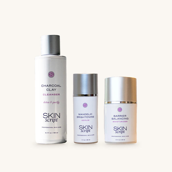 Skin Script Clear Skin Set: Charcoal Clay Cleanser, Mandelic Brightening Serum, Barrier Balancing Moisturizer