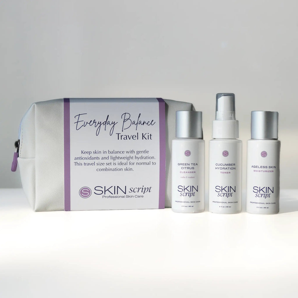 Skin Script Everyday Balance Travel Kit with Green Tea Citrus Cleanser, Cucumber Hydration Toner and Ageless Skin Moisturizer