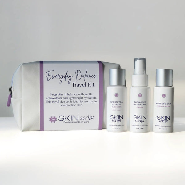 Skin Script Everyday Balance Travel Kit with Green Tea Citrus Cleanser, Cucumber Hydration Toner and Ageless Skin Moisturizer