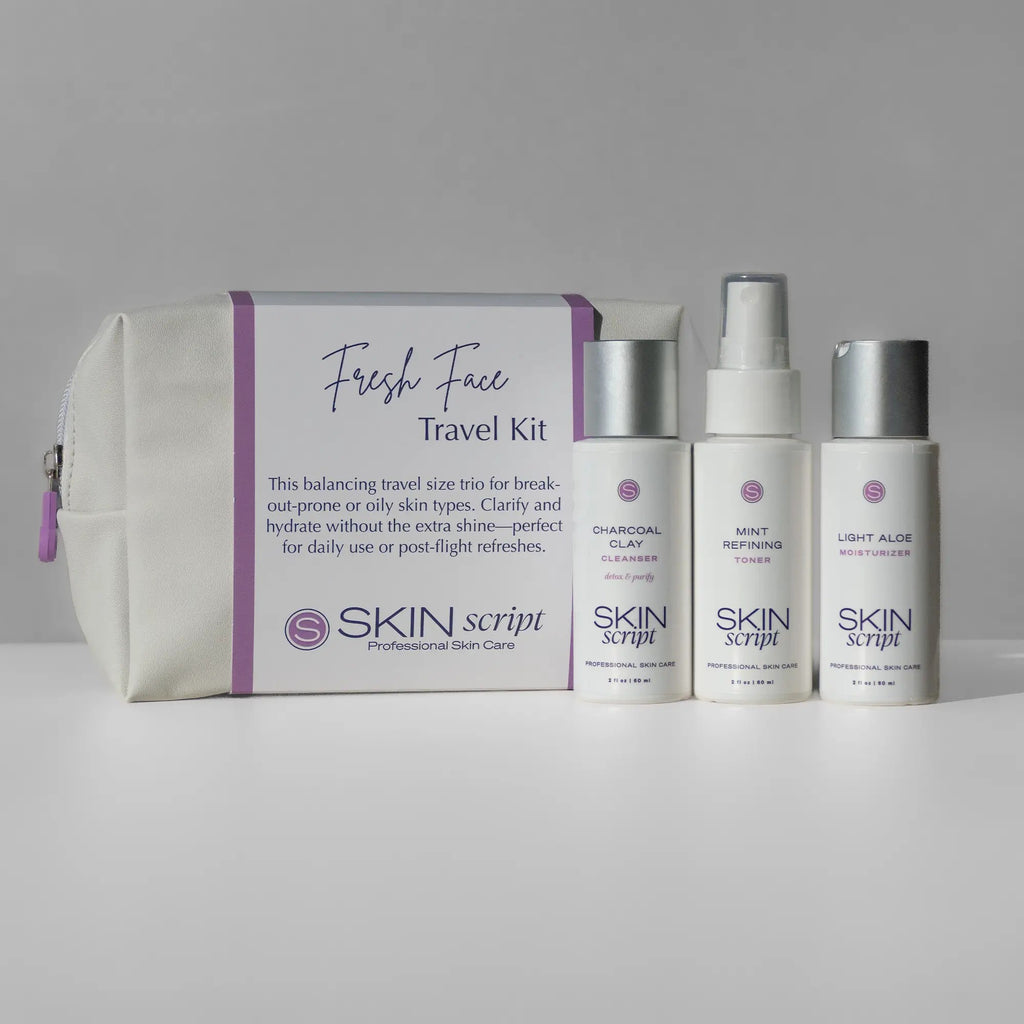 Skin Script Fresh Face Travel Kit with Charcoal Clay Cleanser, Mint Refining Toner and Light Aloe Moisturizer