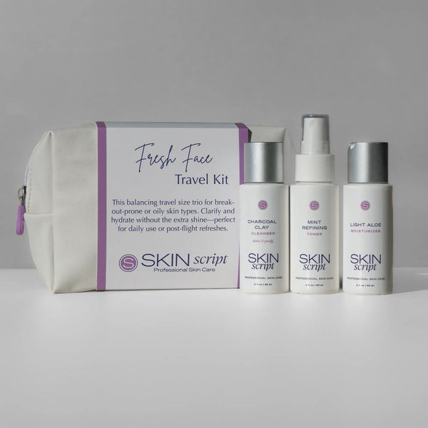 Skin Script Fresh Face Travel Kit with Charcoal Clay Cleanser, Mint Refining Toner and Light Aloe Moisturizer