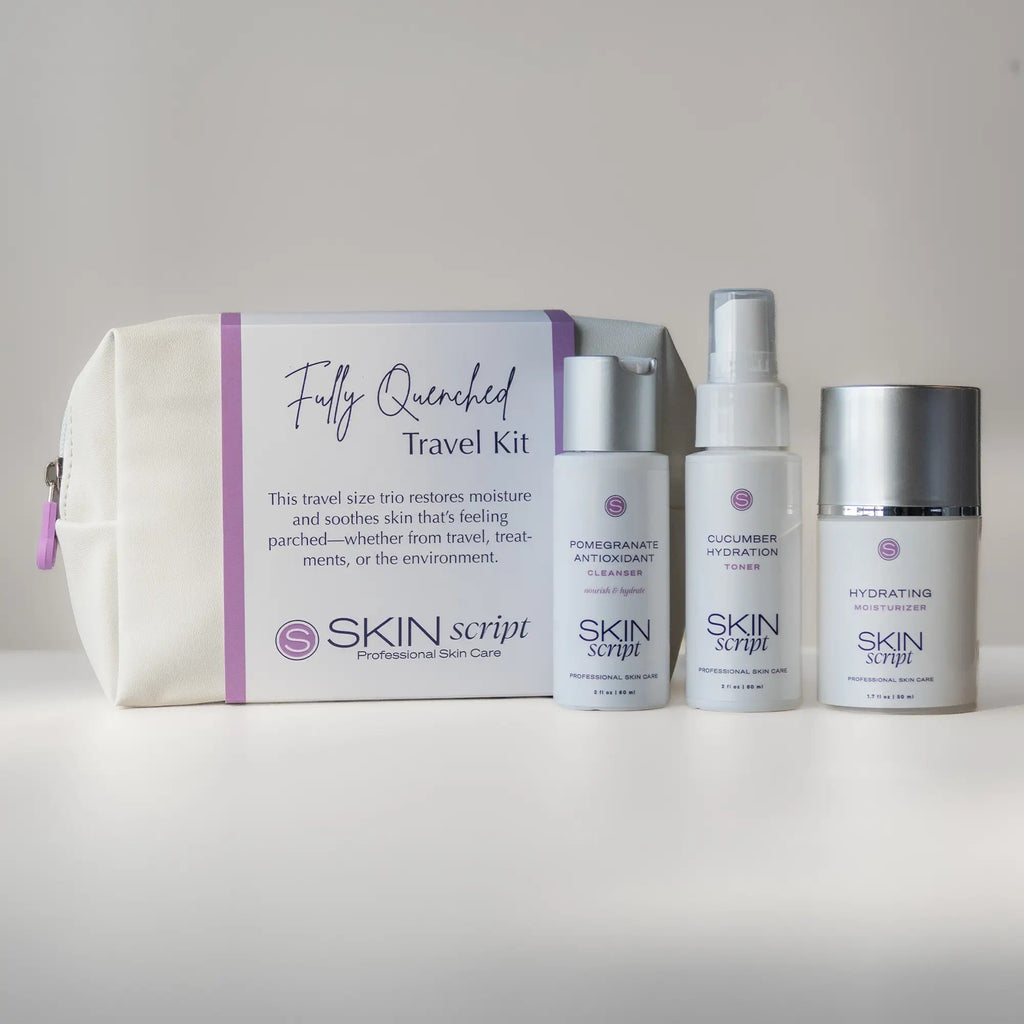 Skin Script Fully Quenched Travel Kit with Pomegranate Antioxidant Cleanser, Cucumber Hydration Toner and Hydrating Moisturizer