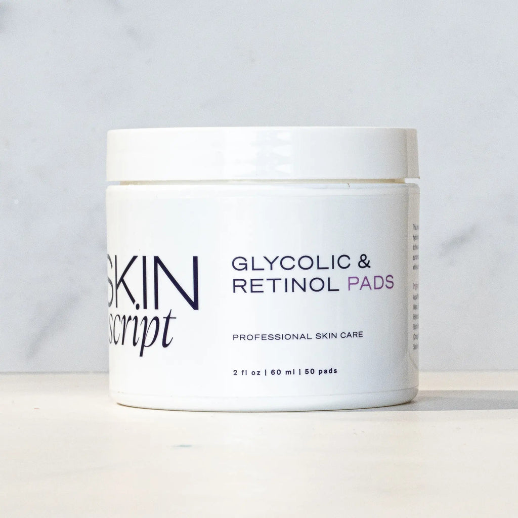 Skin Script Glycolic and Retinol Pads jar, exfoliating pads with glycolic acid and retinol