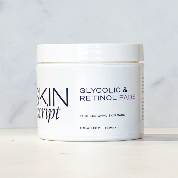 Skin Script Glycolic and Retinol Pads jar, exfoliating pads with glycolic acid and retinol