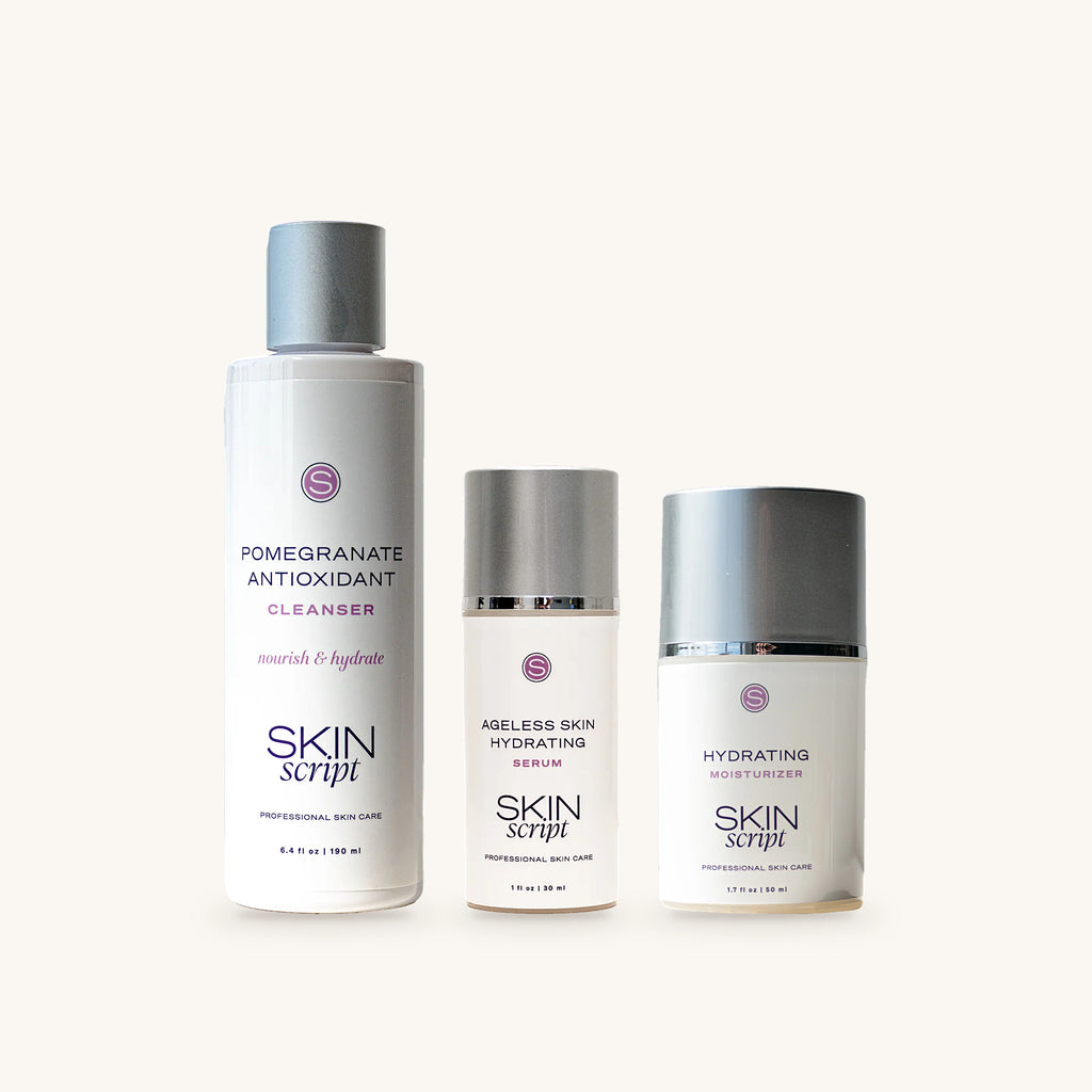 Skin Script Hydration Set: Pomegranate Antioxidant Cleanser, Ageless Skin Hydrating Serum, Hydrating Moisturizer